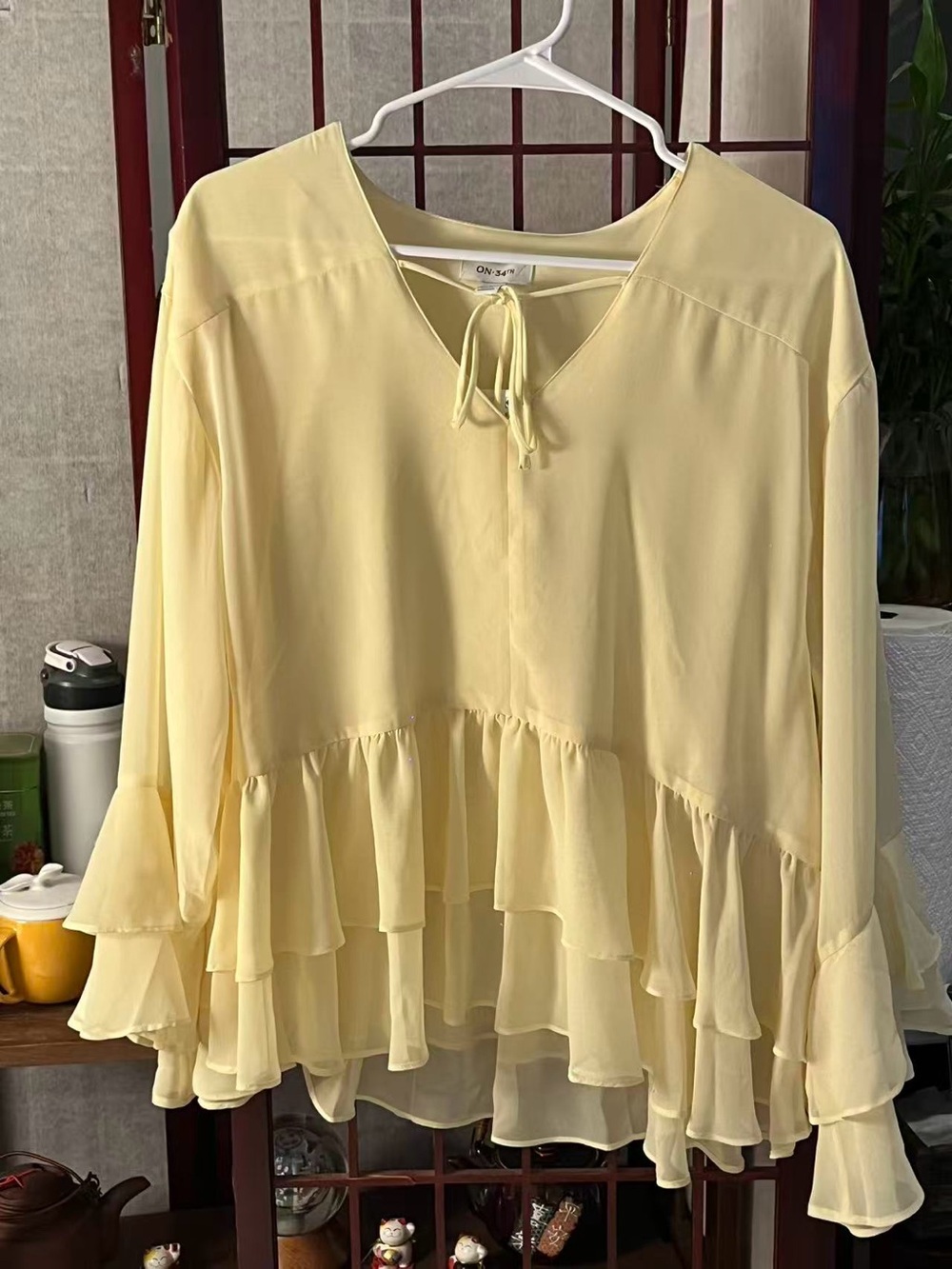 Sheer Pastel Yellow Ruffle Tie-Neck Blouse